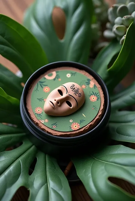 Round box with clay mask  ,  case cover made of plastic in color    !black ,  on the outside with a green leaf label with foliage pattern of flowering plants ,  brand name MASI  