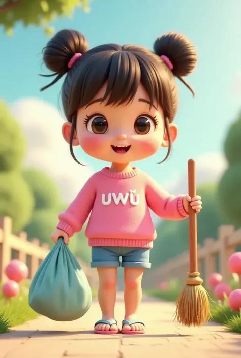 The style is 3D animation with a Vibrant color palette, in 3 D animation image of a cute and adorable with her hair into two buns on top and bangs, wearing a pink sweater with "uwu" printed on the front, blue shorts, flip-flops combination of pink and ligh...