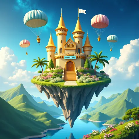 Create high resolution/4K, competition winner, masterpiece, details, A medieval style yellow-cyan Castle floating on a island in the sky with white flag and lush green surrounding it, red-yellow-white flower surrounding it, door is golden color, courtyard ...