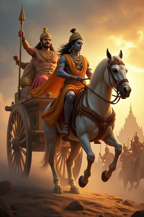 In the Mahabharata, Krishna and Arjuna are depicted in the following manner in their chariot during the Kurukshetra war:
Krishna: Krishna is the charioteer, seated in the front of the chariot. 
Arjuna: Arjuna is seated inside the chariot, behind Krishna. 
...