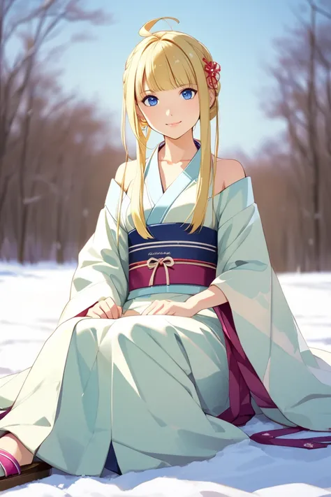 1girl, blue_eyes, {light_blue_hair}, breasts, depth_of_field, japanese_clothes,  looking_at_viewer, medium_breasts,  motion_blur, obi, sandals, sash, sitting, solo, wide_sleeves, white_kimono, smile,  yukime_(jigoku_sensei_nube),  ahoge, back_bow, bangs, b...