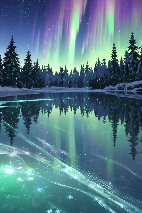 A magical northern lights display shimmering over a glassy frozen lake, with snow-covered evergreens reflecting in the water.