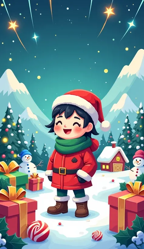  Create a Christmas design for ren that is unique and fun .  Use a vibrant color palette that includes red , green, blue, yellow and pink.  Incorporate playful elements such as gifts wrapped with large bows , Christmas candies ,  fun angels and winter game...