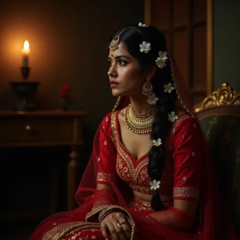 "A reflective moment where Gulab Bai A stunning Indian a vibrant red and gold embroidered lehenga with intricate jewelry, her hair adorned with white flowers, and soft, is sitting in a dimly lit room, her face somber and contemplative. Her elegant attire c...