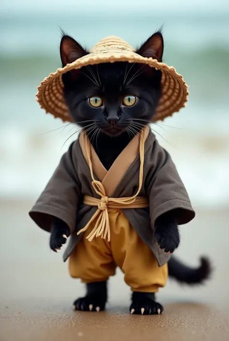 The background of Japanese folklore 『Urashima Taro』の格好をした realや黒猫の仔猫が正面を向いて立っている, cute,smile,whole body,Alone, real, is a reality dressed as a beach 