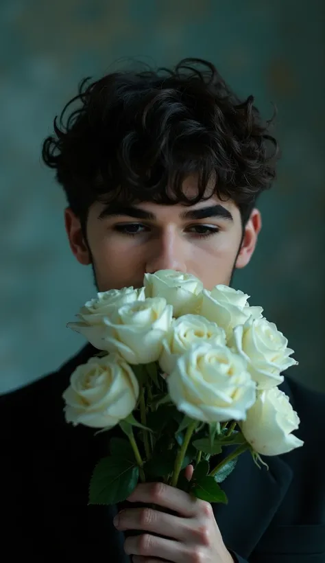  Generate a Pinterest-style image of an aesthetic boy with a dark aesthetic.  Make it blurry with a boy , holding a bouquet of white roses .  And hide your whole face with a bouquet , which he holds  