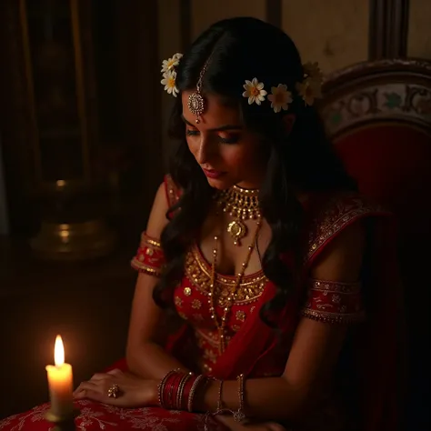 "A reflective moment where Gulab Bai A stunning Indian a vibrant red and gold embroidered lehenga with intricate jewelry, her hair adorned with white flowers, and soft, is sitting in a dimly lit room, her face somber and contemplative. Her elegant attire c...