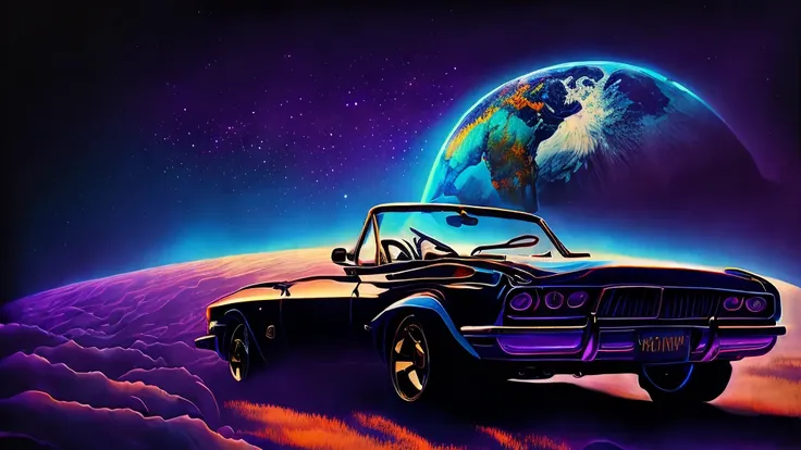 
A retro car from the 1970s (a classic sports convertible of an unknown brand) floats smoothly above the Earth in a silent space. The car is located in the center of the composition, the car is mystical, the car glows in neon colors, the car is surrounded ...