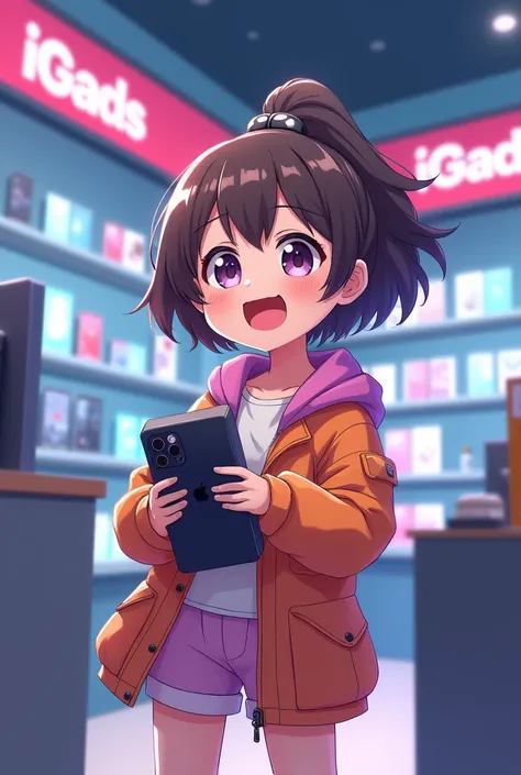 Anime cartoon picking iphone 16promax box in happy mood in a shop named igads