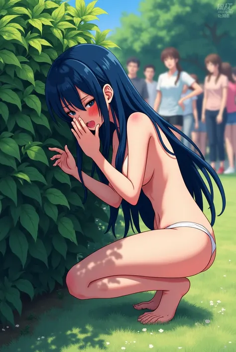 Anime drawing style picture of anime girl , skinny, long deep blue hair, blush cried face,  got full naked, using hands to cover body and  sit hide behind bush at public park while a lot people taks a photo at her