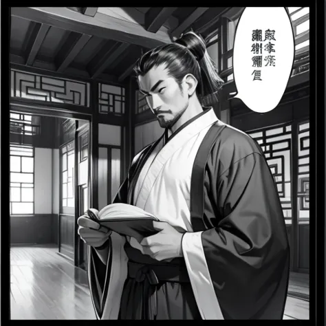 monochrome comics、a man dressed in chinese style、conversation manga