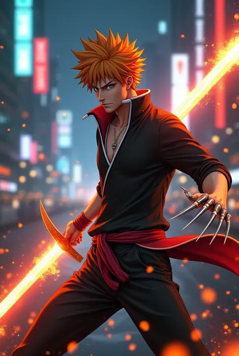 Create a 3D cinematic scene featuring a hybrid character combining Ichigo Kurosaki from Bleach and Wolverine from X-Men. The character should wear Ichigo’s signature outfit, but with Wolverine’s iconic adamantium claws extending from his hands. His face sh...