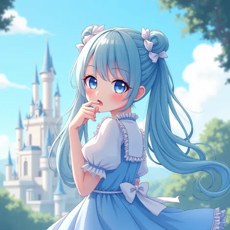  girl、 light blue hair 、 long hair、 light blue hair 留め、 private clothes、 Lolita Dress、Hand next to mouth 、look back、Castle、 anime illustration style