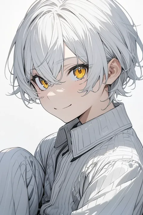 masterpiece, best quality, ultra detailed, schoolboy, smiling, sitting, looking at viewer, white hair, golden eyes, white background, flat background, anime