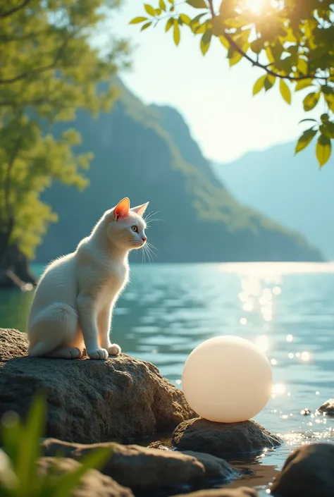 The image is a still from a movie or TV show. It shows a white cat sitting on a rocky shore with a large white ball in front of it. The cat is looking towards the right side of the image with a curious expression on its face. The background is a beautiful ...