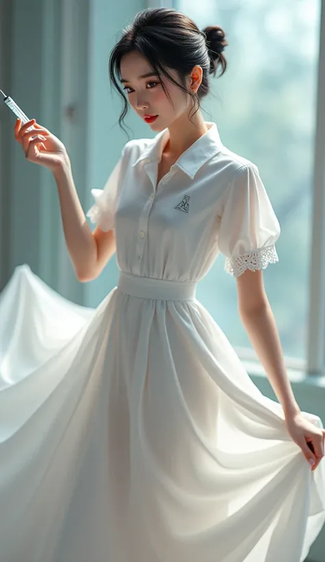 Asian Girl Wearing Nurse Dress Floating Skirt Handheld Syringe 