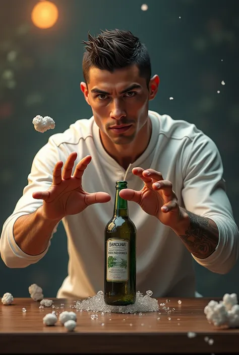 Cristiano Ronaldo   flipping bottle  on table .  With using one hand .On screen dont show his legs.

