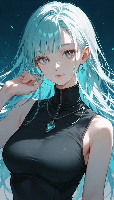 (front view), score_9, score_8_up, score_7_up, (solo), 1girl, gray eyes, eyelashes, turquoise locks, turquoise , blunt bang , long hair, gray hair, (((hand up))),(((pose))), high neck  black top, fingers, medium breast, lattice, armpit, milf