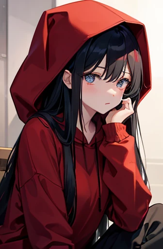 woman、 long black hair 、 dark blue eyes、 hiding his face with a red mask、 wearing a red hoodie 、Dark look、In a dark room、 sitting on a triangle and lying down