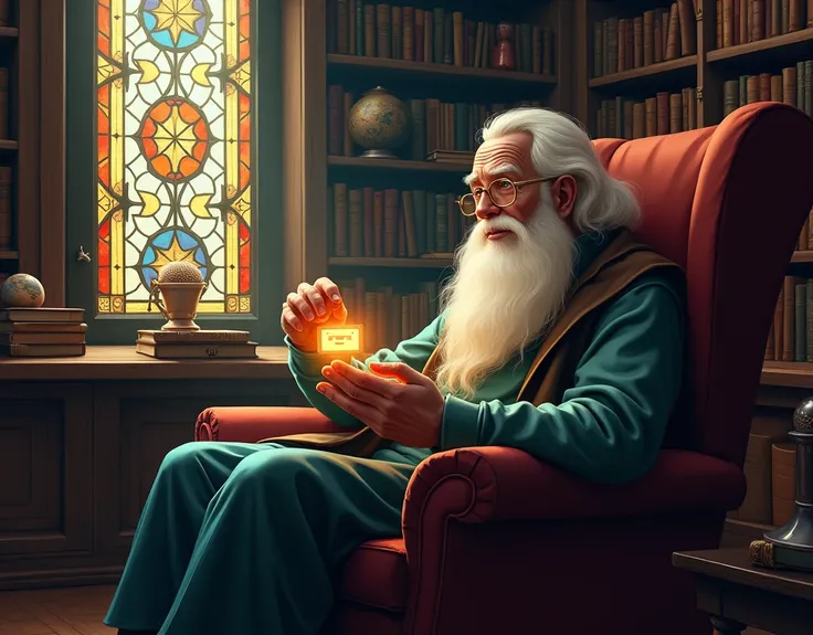 The image depicts a cozy and magical atmosphere, showcasing an elderly man with a long white beard, sitting in a library or study. He is surrounded by books, celestial objects, and stained glass windows that exude a mystical, warm glow. The man appears to ...