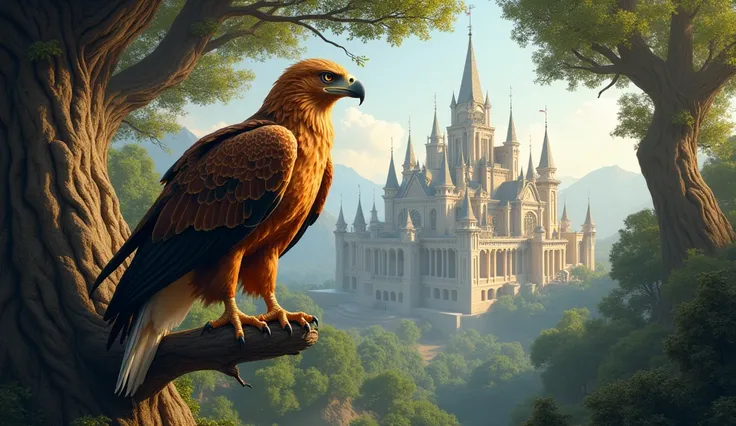 A big middle aged and beautiful eagle sitting on a lower branch of a tree. Background a forest in front of a Kings palace.