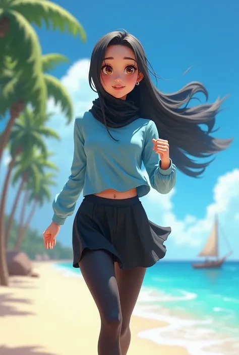 animation beautiful girl in beach. white skin, brown eyes. use a black skinny legging with mini skirt, blue sky shirt long sleeve, mini black hijab. running from far. ship and palm tree in background. camera more up