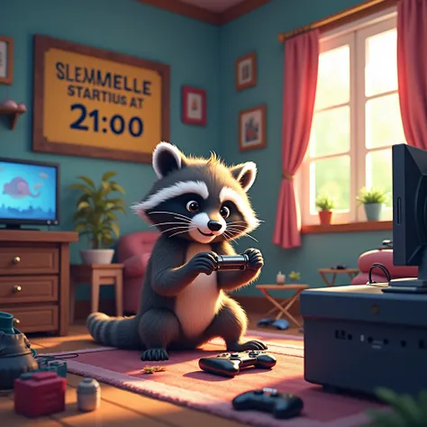  Raccoon playing games in the room where the sign hangs ,, live today 21 :00 ,,