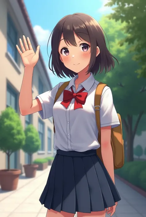 just a highschool girl in a school uniform that is waving her hand up