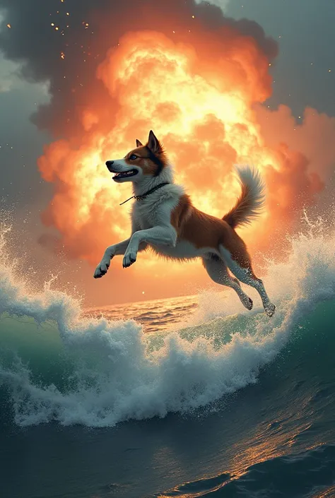 The dog is blasted by s boom and flying in the sea.Its much higher