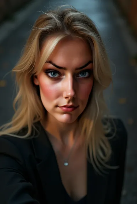 from top, (Selfie, Plan: 1), (top of body: 1), RAW UHD photo portrait of a 30-year-old long blond hair (Woman with deep blue eyes) Walking in a dark alley,, City at night, (rock), (Neckline), specific (Fabric! , Hair! , Shine, disadvantages: 1. 1), Bright ...