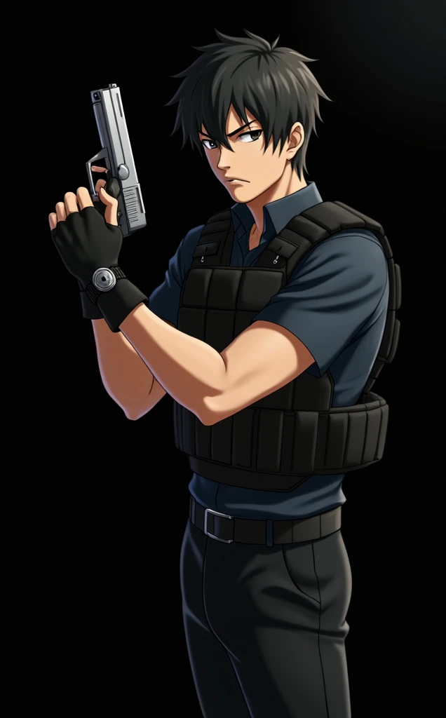 Anime art style, middle age young man, soft black hair, sharo black eyes, frowning, good looking, wearing a black bulletproof vest, black knuckle fingerless gloves, holding a handgun with both hands, dark shirt under, fantasy castle in the background. 