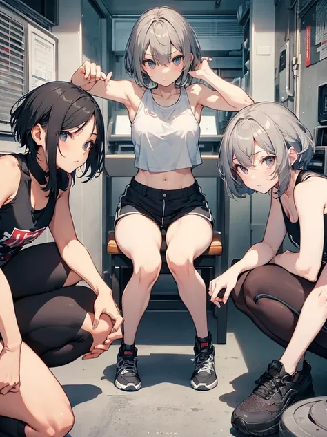 1 person、 Hosts 、 tank top、 flat chested、Gray Hair、  girl、 short hair、 pose　squat、 open legs、
