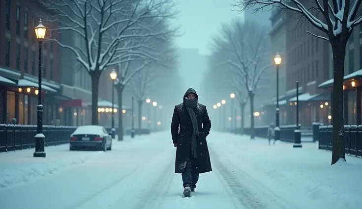 On a snowy day, a lonely man walks down an empty street. Snowflakes gently fall from the sky, covering the ground with a white blanket. The man is dressed in a long, dark coat and a scarf, but the cold wind brushes against his face. He walks alone, with no...