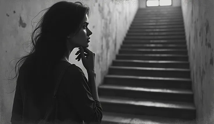 surrealistic image of a pensive woman with her hand on her cheek, a staircase in the background as if to give the idea that the woman wants to invest in a relationship, charcoal drawing style.