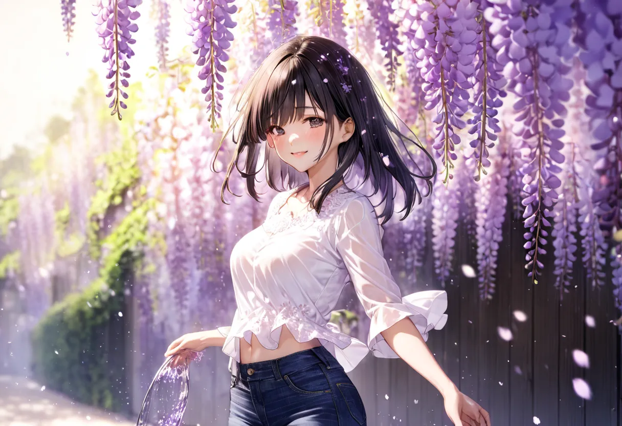 pouring wisteria flower petals(( motion blur:2.0 , wisteria flower filter effect :3.0 ,  background blurred )) , woman standing ...