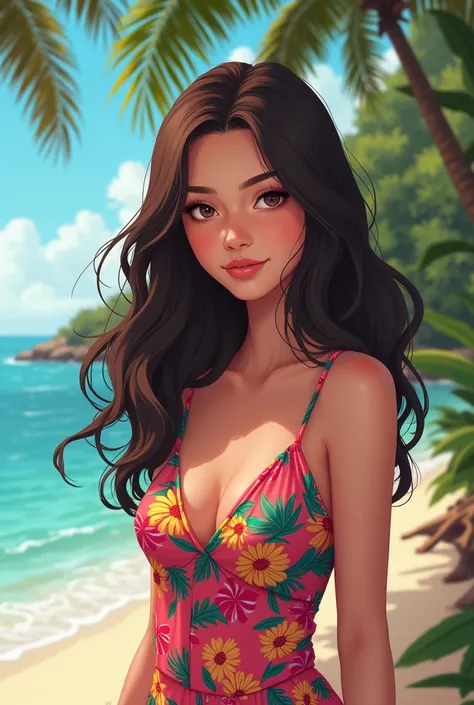 brunette girl with straight hair, from an island, who likes the sea. She wears a tropical dress, with text that says "Rayanne" in crimson, cyan, light cyan, dark cyan and pink.