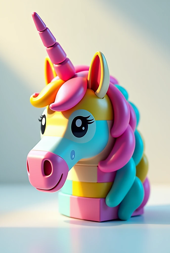 Image of a unicorn head made of LEGO pieces or similar blocks in vibrant colors.