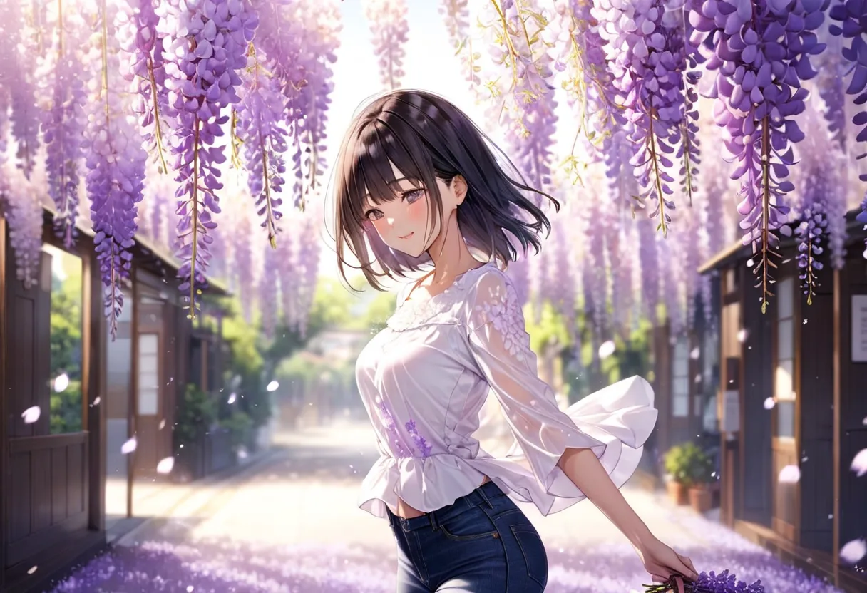 pouring wisteria flower petals(( motion blur:2.0 , wisteria flower filter effect :3.0 ,  background blurred )) , woman standing ...