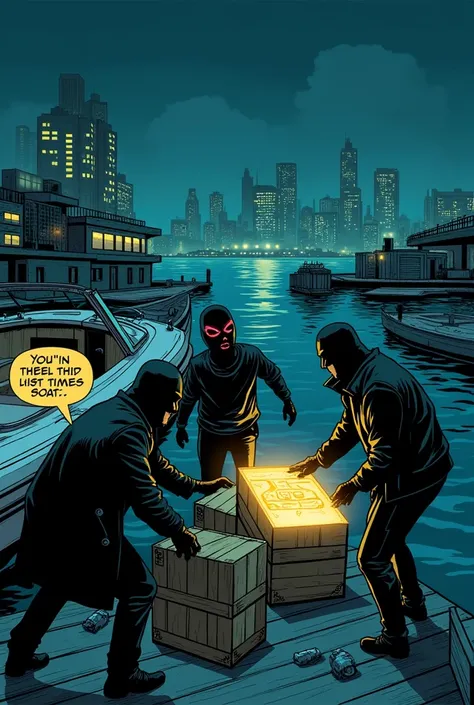 Comic: Page 1: Trouble at the Docks

Panel 1: A dark night at Steelhaven’s docks. A group of masked criminals load glowing, stolen crates onto a speedboat.
Caption: "The docks of Steelhaven, where trouble is always brewing."
Criminal 1: "Hurry up! The boss...