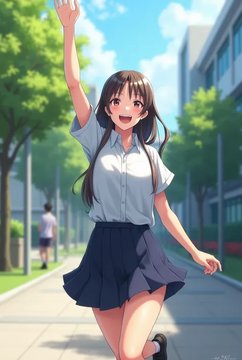 a highschool girl student in a school uniform waving her hand up high but dont make the style an anime