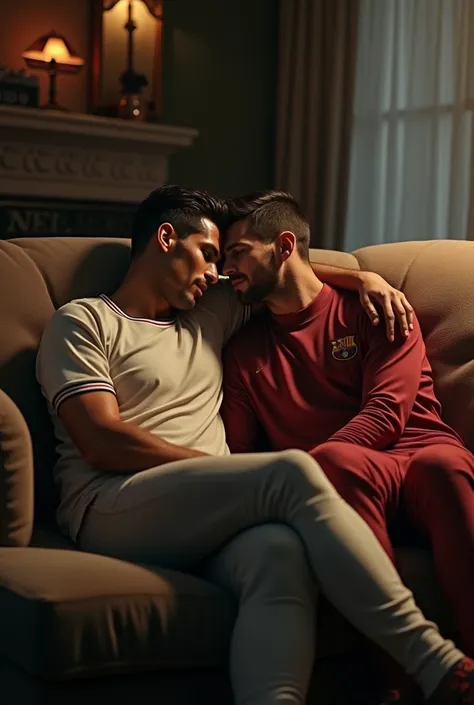 Ronaldo and Messi acting as couples in sofa 