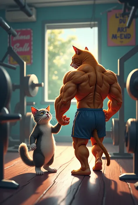 

Here’s a detailed prompt where both cats head to the gym together:

"The frail, weak cat, now a little more hopeful, follows the powerful bodybuilder cat into a brightly lit gym. The bodybuilder cat strides confidently, its muscular frame on full display...