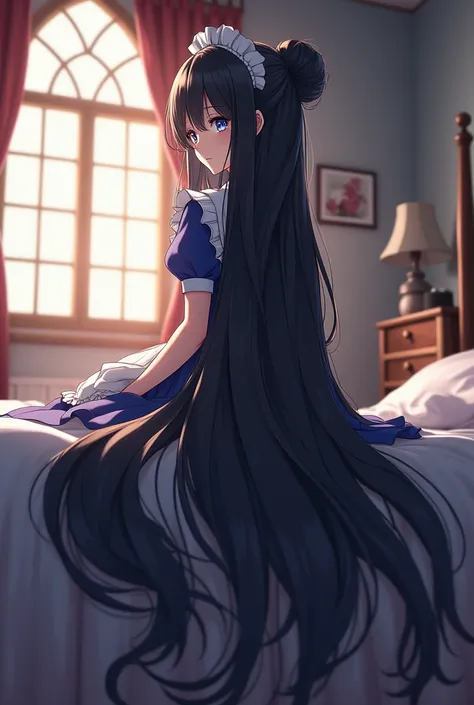 anime girl with super long black hair in bed room with stained windows, full body, 50 meters long hair, thick hair, long hair is flowing down to the ground like a waterfall at her feet,  which just keeps growing ever so slightly, touching the floor, super ...