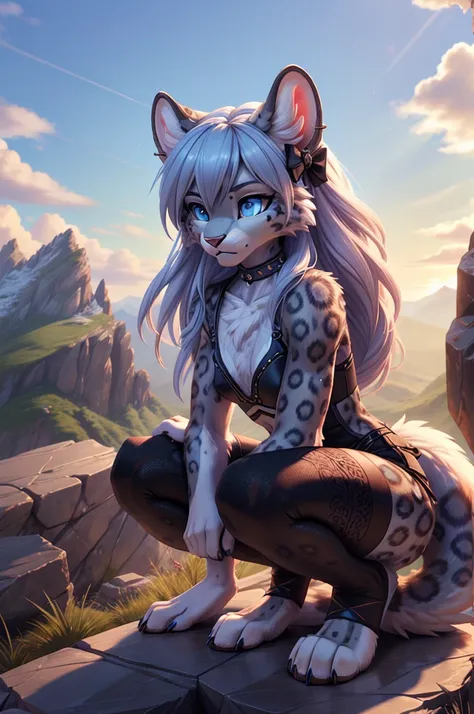 Beautiful, (masterpiece), high quality, perfect lighting, Highly detailed CG Unity 8k wallpaper, High resolution, perfect lighting, youthful, skinny, frail slender figure, distinctly feminine figure, close up, Anthro snow leopard woman, fuzzy thick volumet...