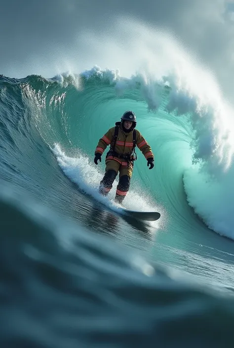 Firefighter surfing on a wave