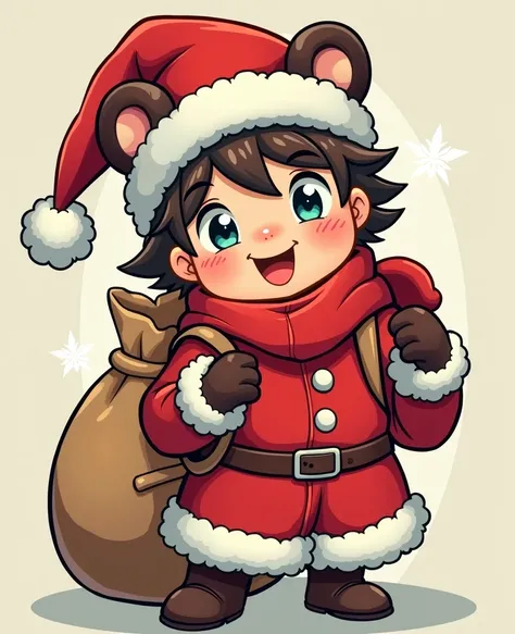 A male smiling pixieborn, wearing a christmas hat, with bear ears, carrying a sack, comic style, red and white colors