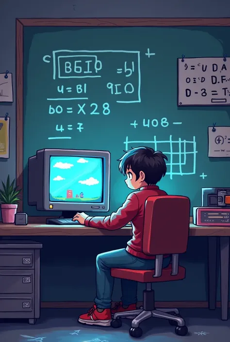 Character sitting in front of computer, one screen open game, one screen open math exercises all picture 16 bit