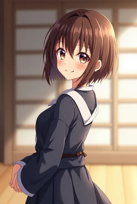 Brown Hair， short hair， straight hair， high school girl， big smile when looking back，Her chest is E cup，Kendo uniform that fell apart， looking at the camera，Ready，