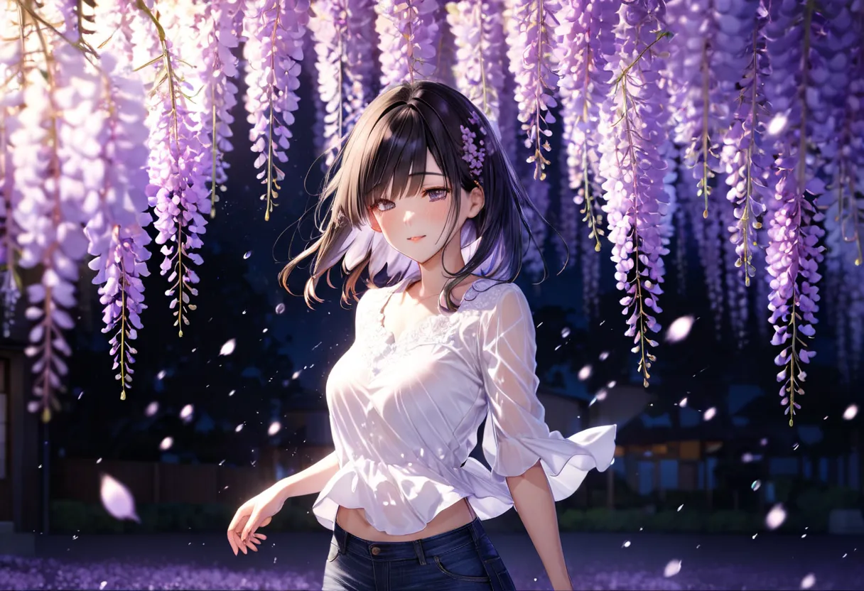 wisteria flower petals pouring down at night(( motion blur:2.0 , wisteria flower filter effect :3.0 ,  background blurred )) , w...