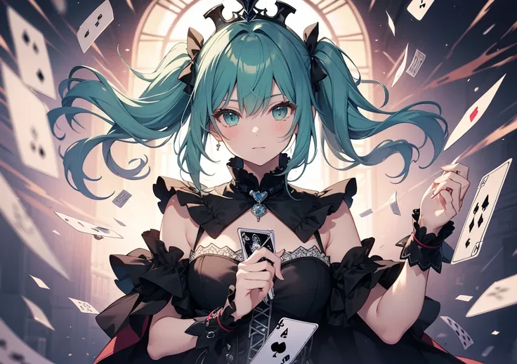 Queen of Card Games
A beautiful girl with mint green hair tied in twin tails and a tiara decorated with playing card patterns of hearts, spades, clubs, and diamonds. Her dress is embroidered with a playing card pattern, and the cuffs have multiple layers o...